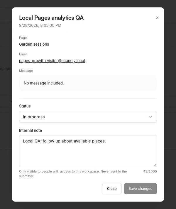 A demonstration lead in Scanely with In progress selected, an internal follow-up note and Save changes controls