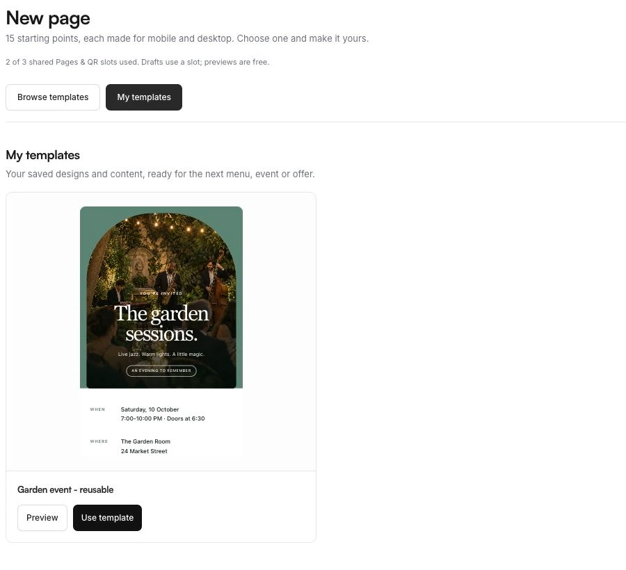 My templates in Scanely, showing a saved Garden event page with Preview and Use template controls