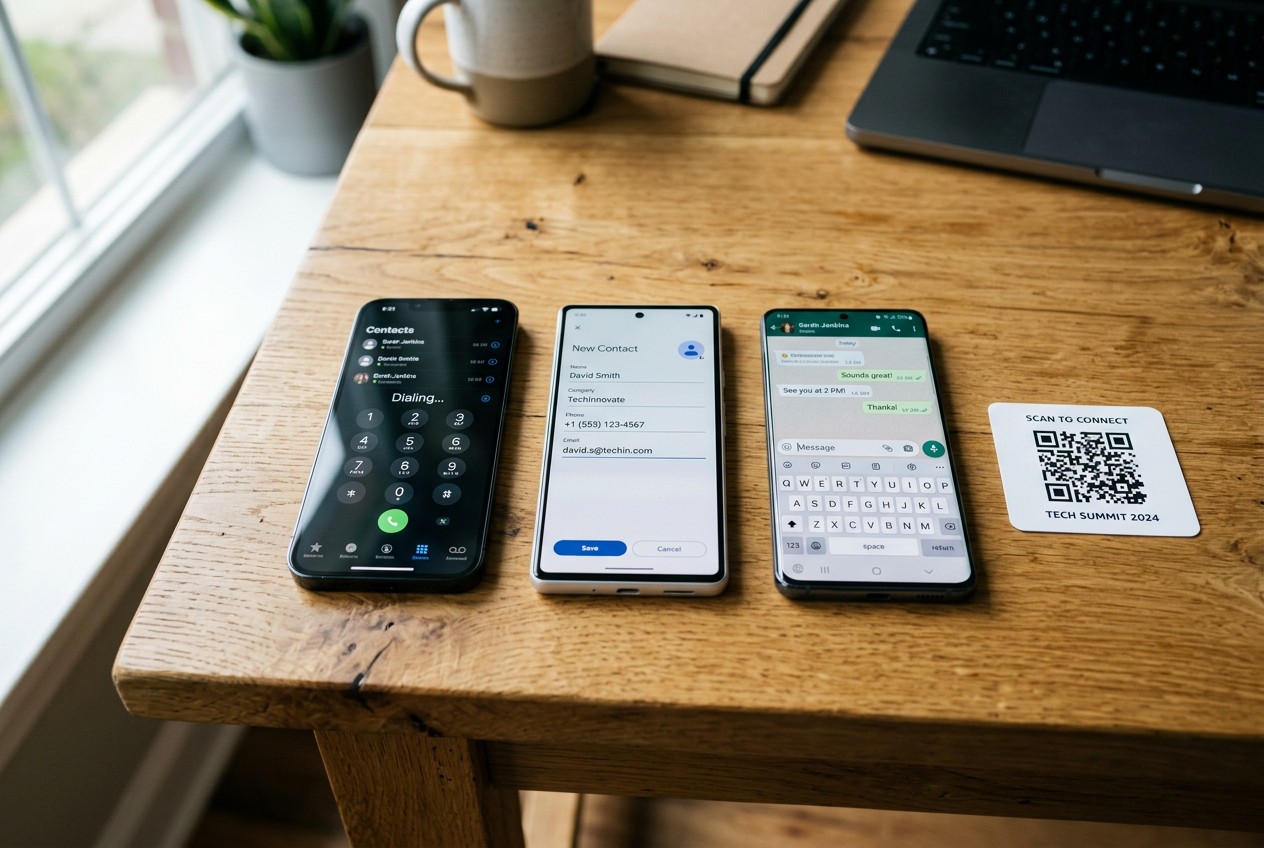 Three smartphones lying side by side on a bright wooden desk, each screen glowing with a different action - an active dialer
