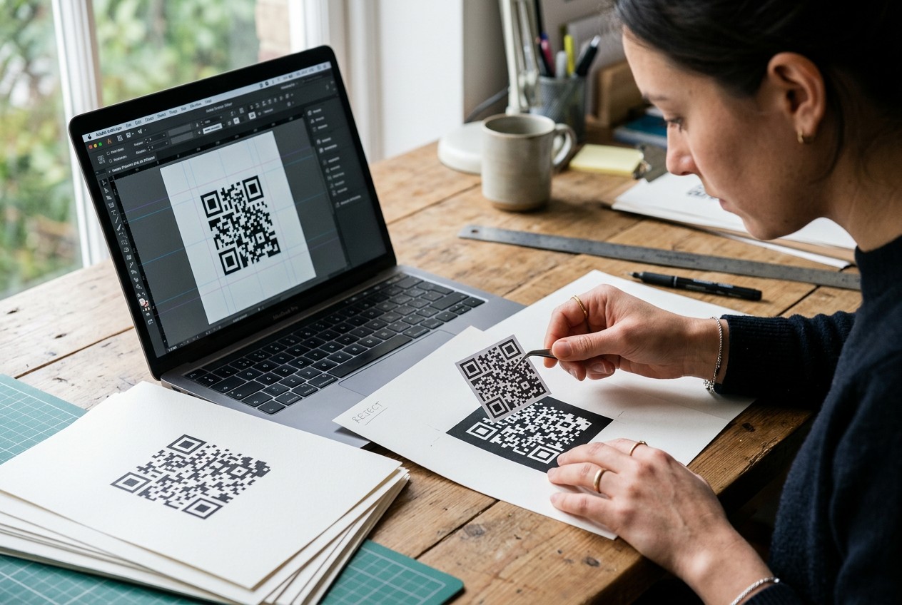 close-up of a designer replacing an inverted white-on-black QR code with a standard dark-on-light version, laptop beside corr