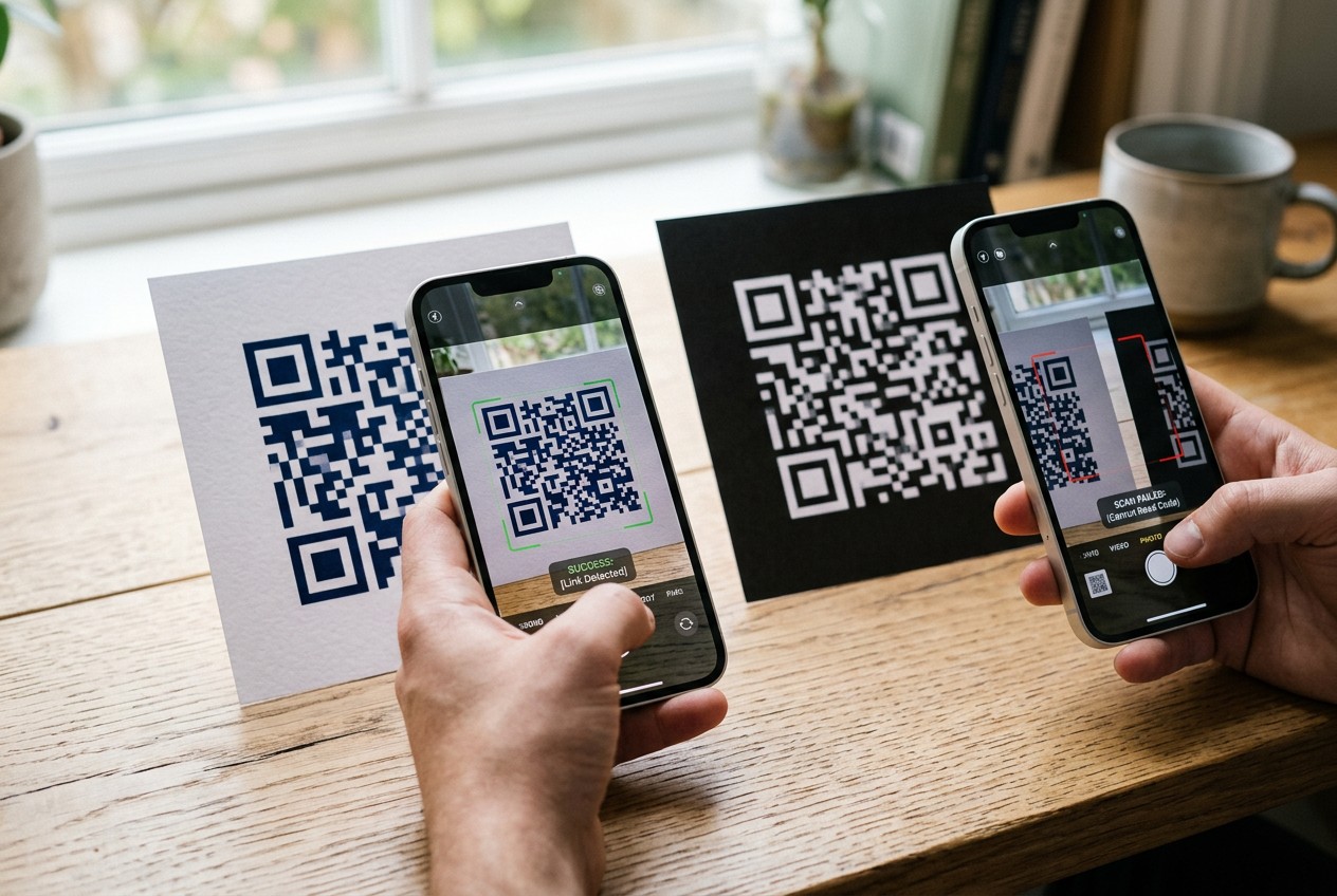 Close-up of two printed QR codes under natural window light: one dark navy code on a clean white background scanning successf