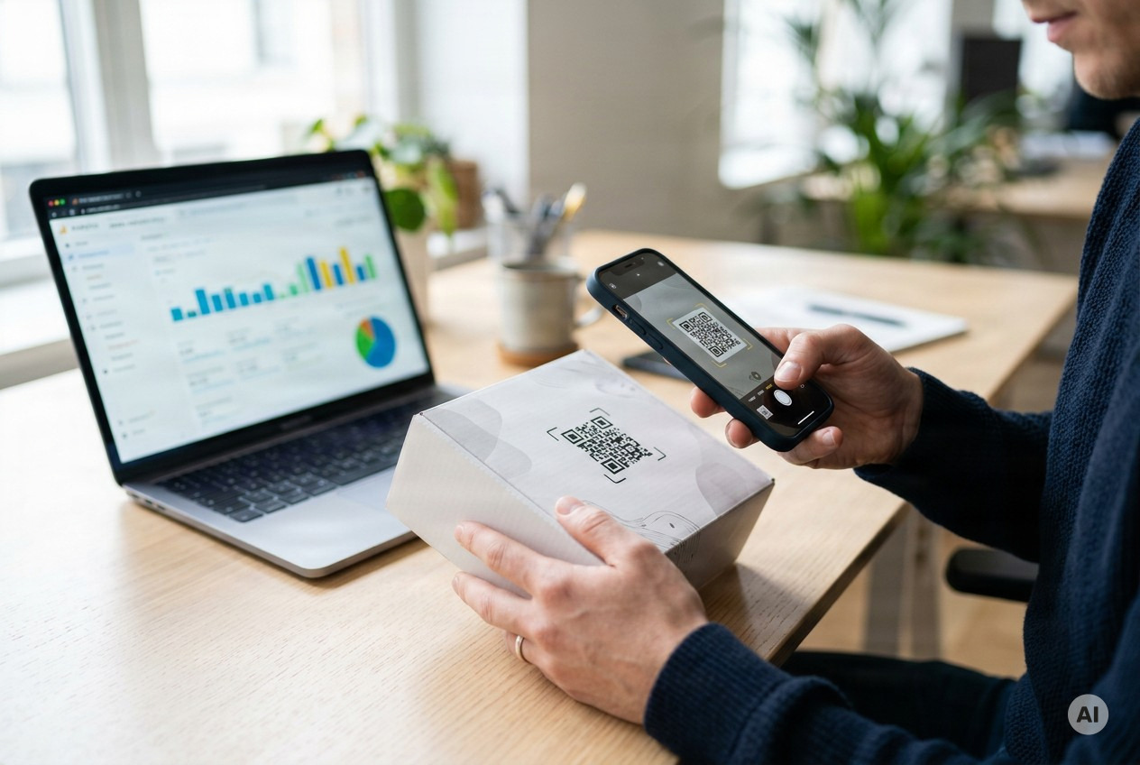 A person scanning a QR code on a product package beside a laptop showing analytics charts - AI-generated image