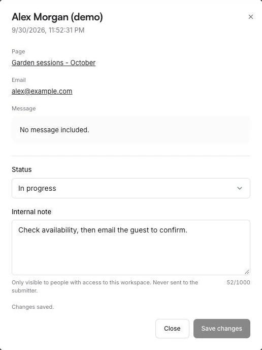 A demo submission in Scanely Leads with In progress selected and an internal follow-up note